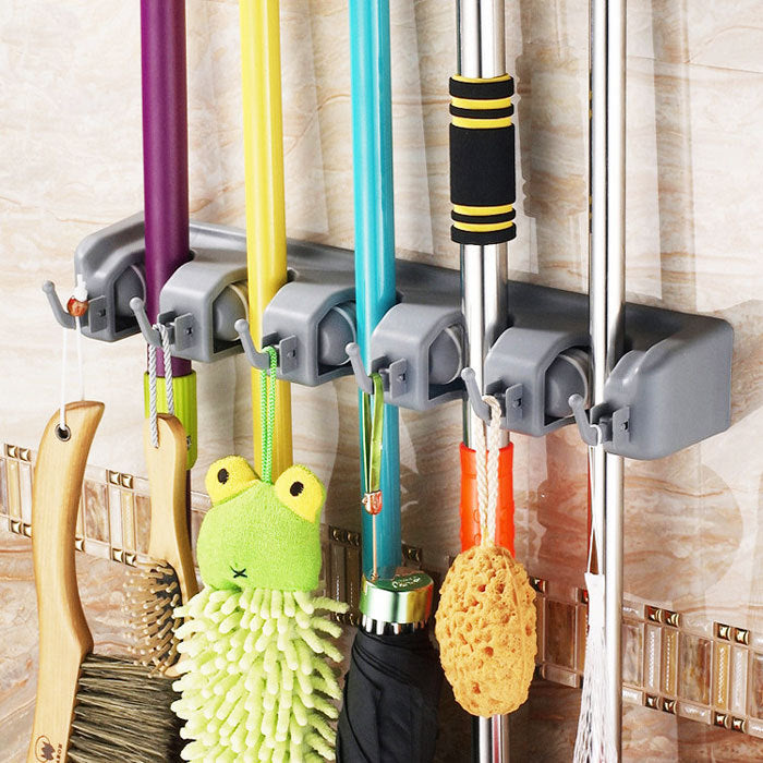 Wall-Mount Mop & Broom Holder — 3, 4, or 5 Hooks